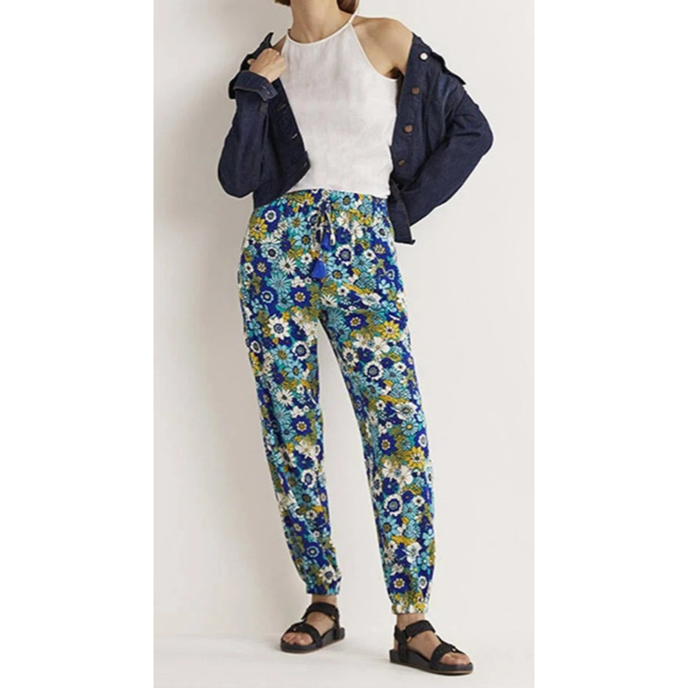 Boden Crinkle Tapered Trousers Blue Floral Pull On Pants Tassel Women's Size 6 - Picture 16 of 16
